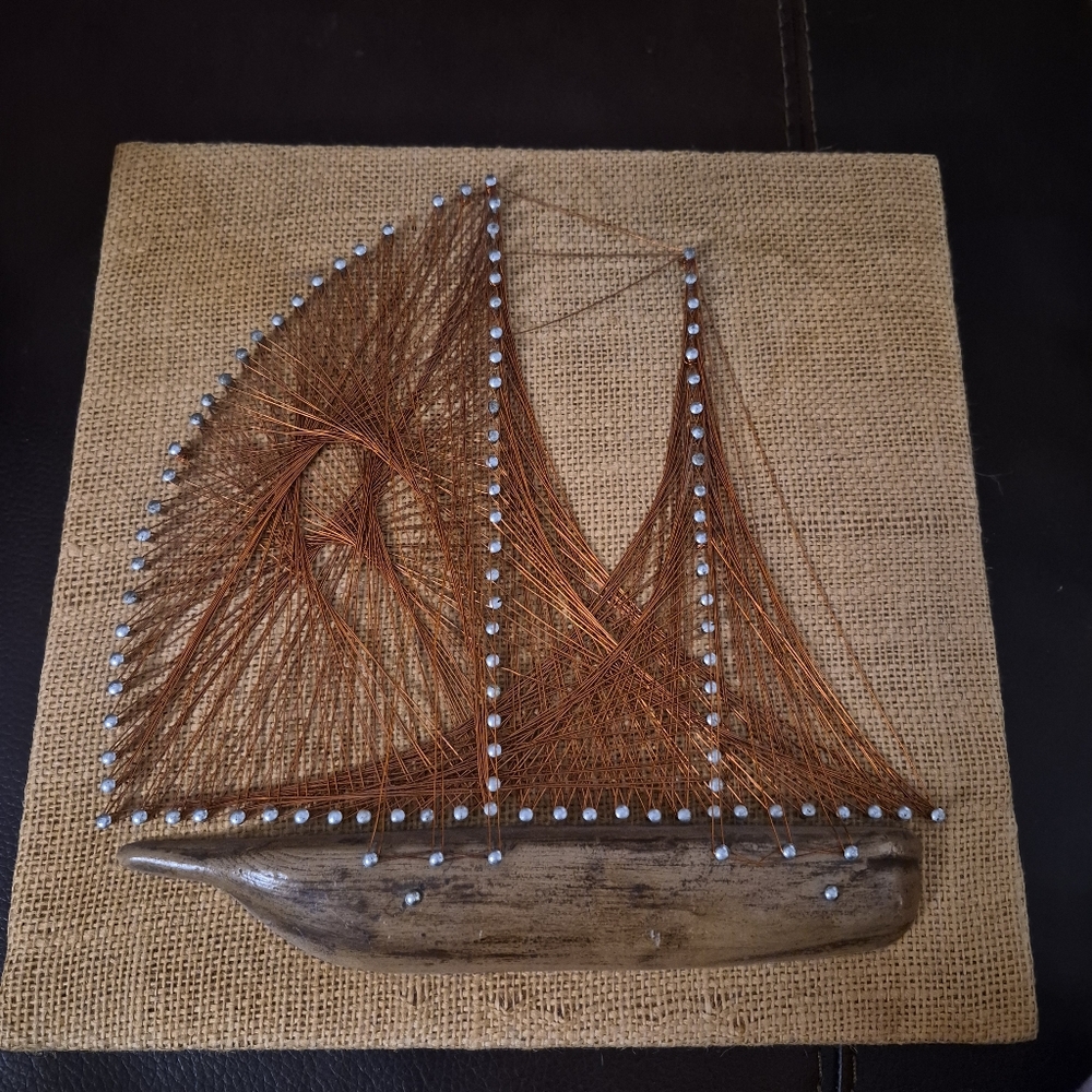Vintage MidCentury Modern Copper Wire with Burlap Back Art, Sailboat